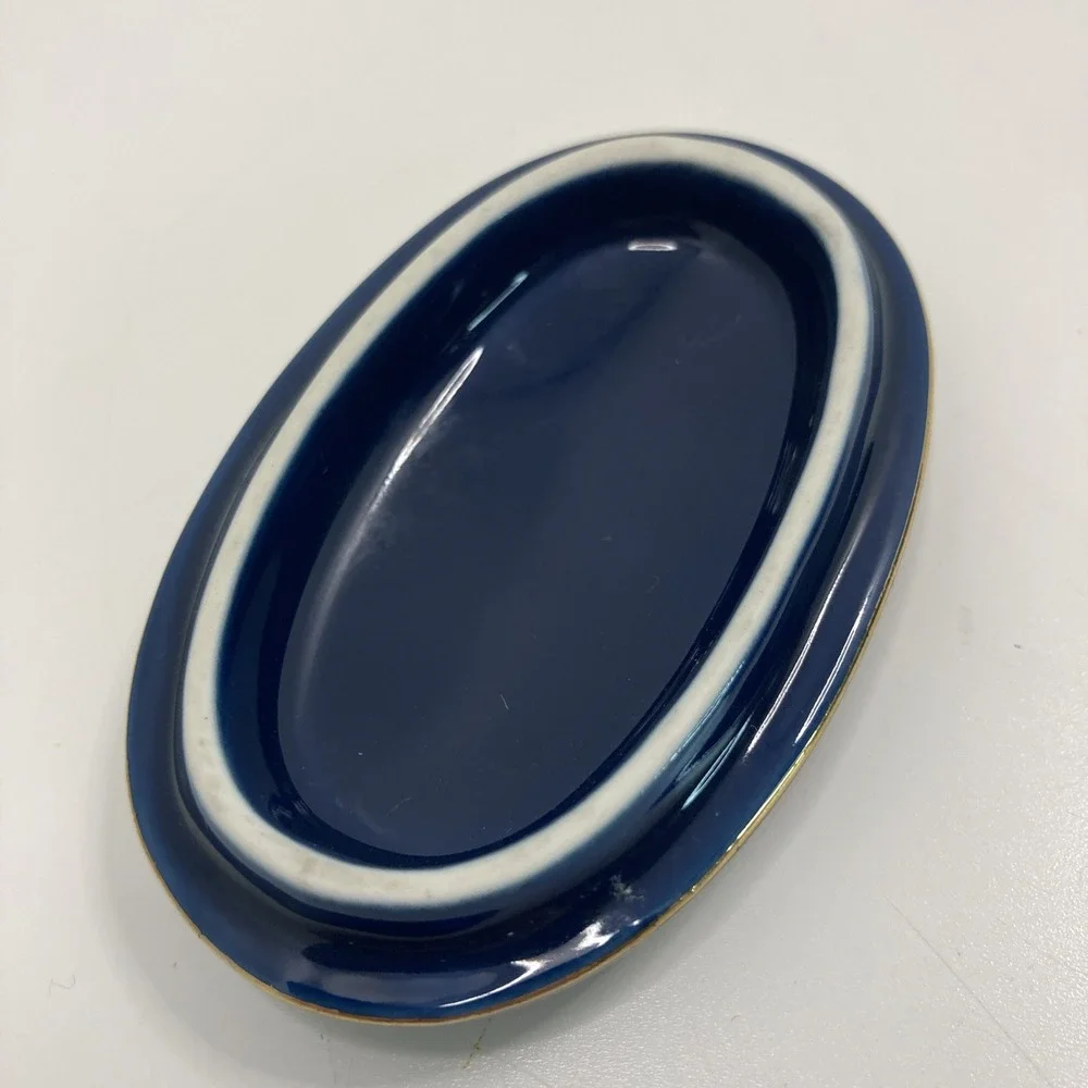 Vtg Otagiri Japan Nautilus Oval‎ Trinket Box Cobalt with Gold Accents Decor 3